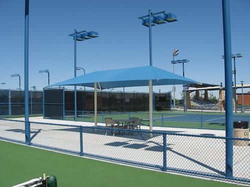 Hip Roof Shade Structure with 2 Posts example; pictured size and colors may vary