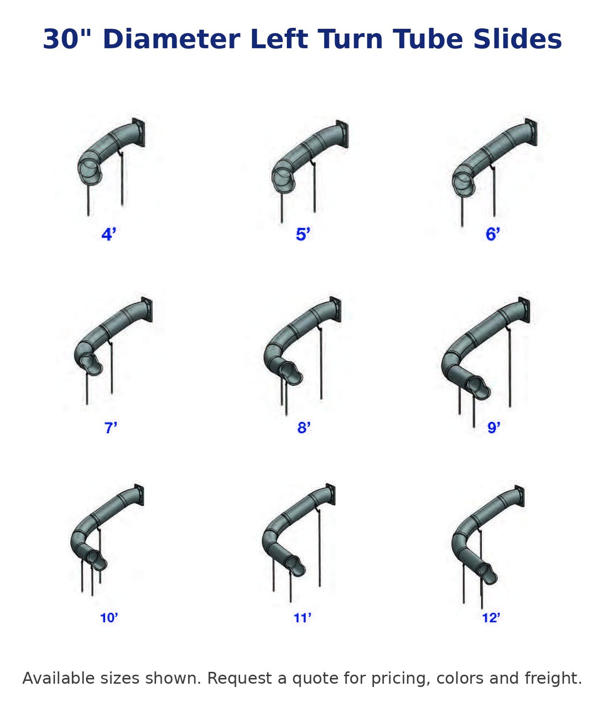 RTS 30" Left Turn Tube Slide - all sizes at a glance