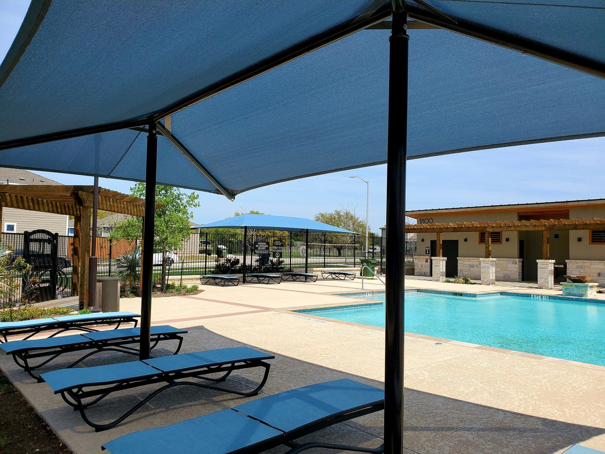 2 Post Umbrella Hip Shade Structure example; pictured size and colors may vary
