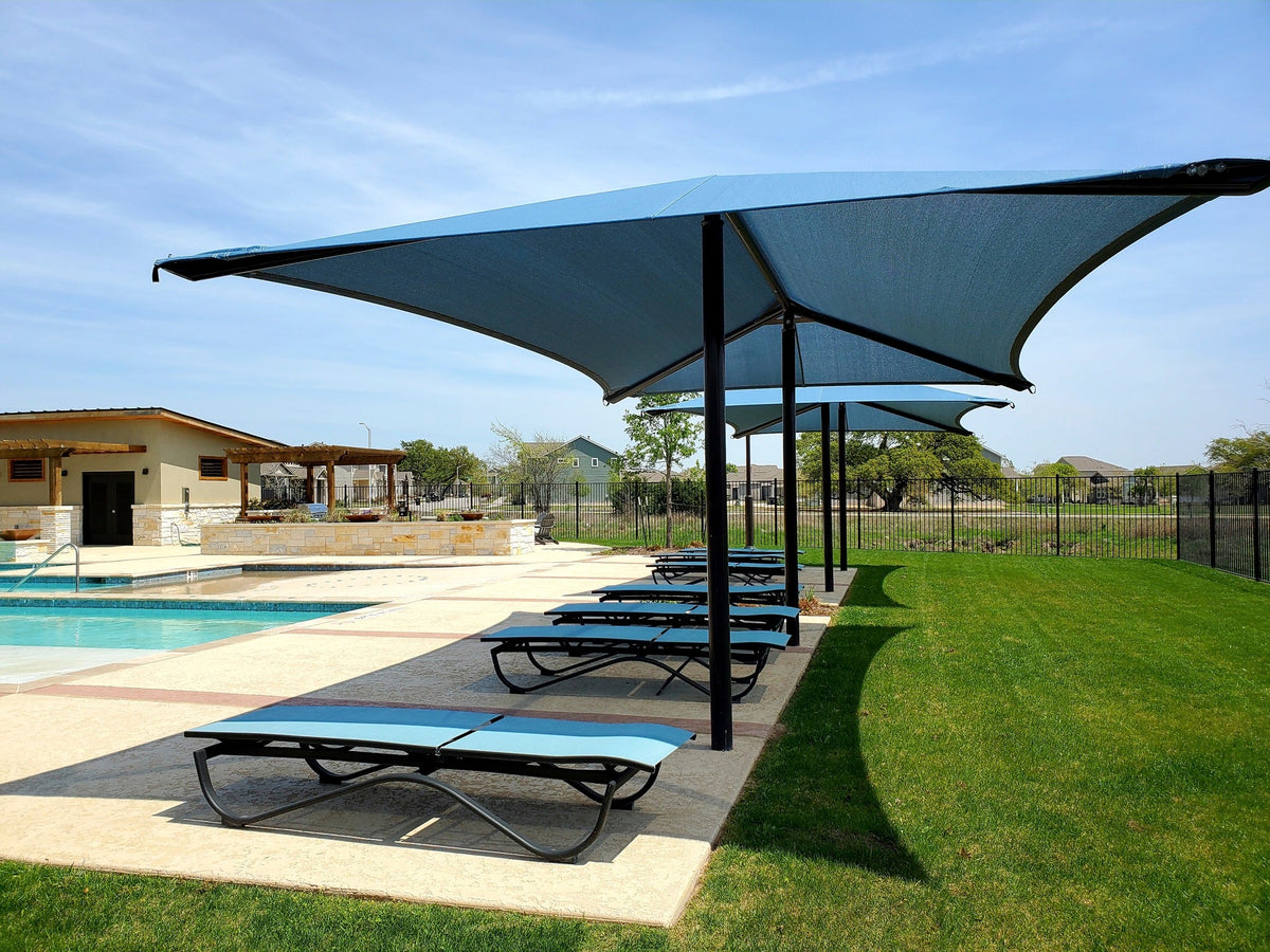 2 Post Umbrella Hip Shade Structure example; pictured size and colors may vary