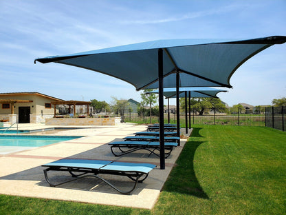 2 Post Umbrella Hip Shade Structure example; pictured size and colors may vary