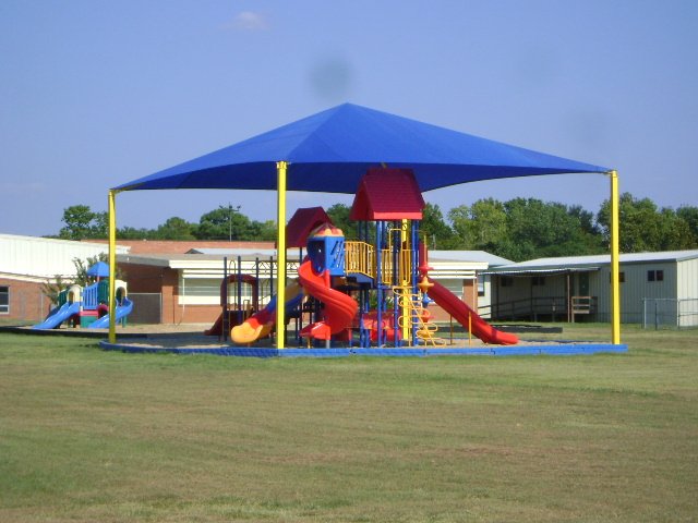 Pyramid Roof Shade Structure with 4 Posts example; pictured size and colors may vary