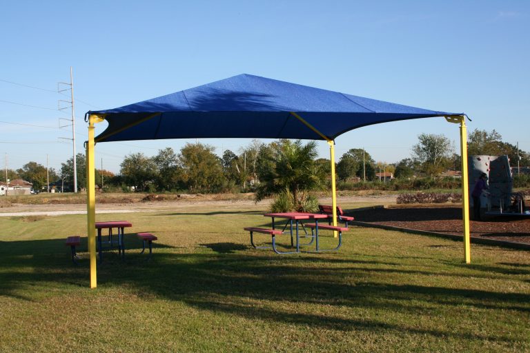 Pyramid Roof Shade Structure with 4 Posts example; pictured size and colors may vary