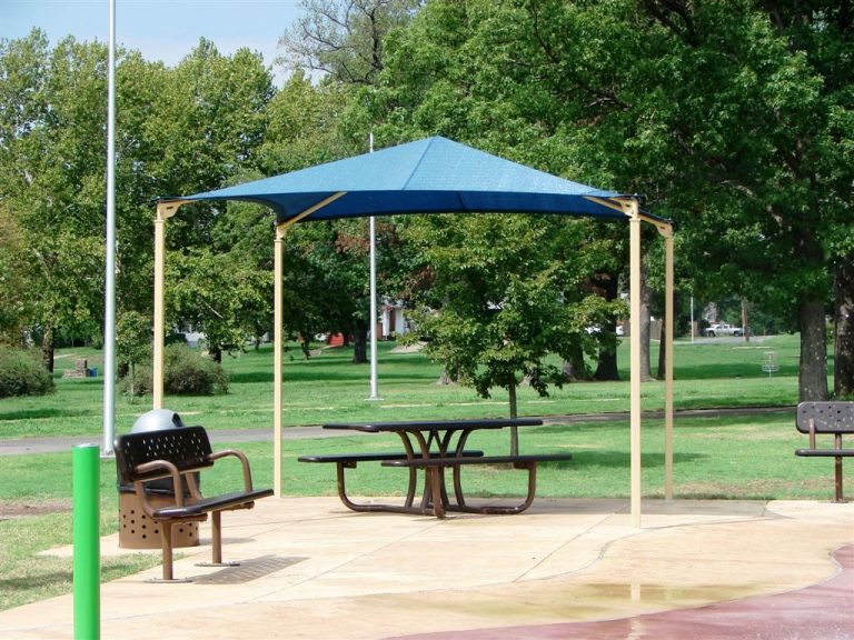 Pyramid Roof Shade Structure with 4 Posts example; pictured size and colors may vary
