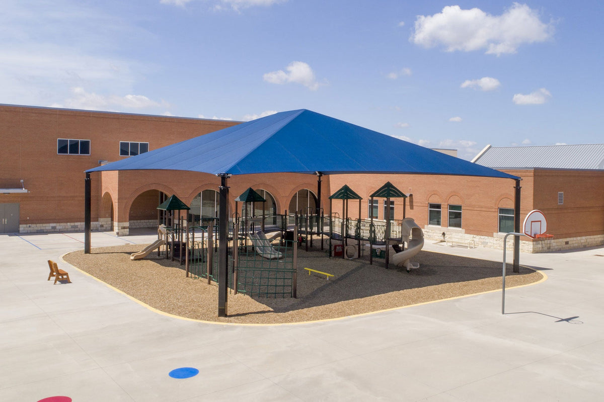 Hip Roof Shade Structure with 4 Posts and 13 Foot Entry example; pictured size and colors may vary