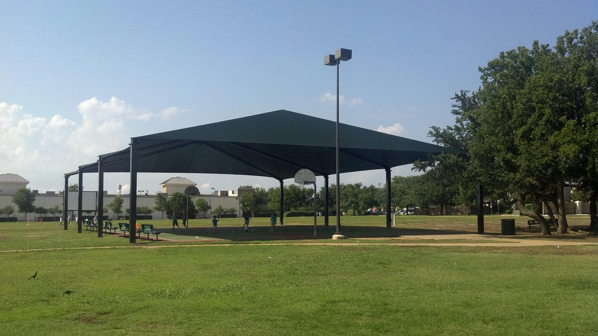 8 Post Extended Hip Shade Structure example; pictured size and colors may vary