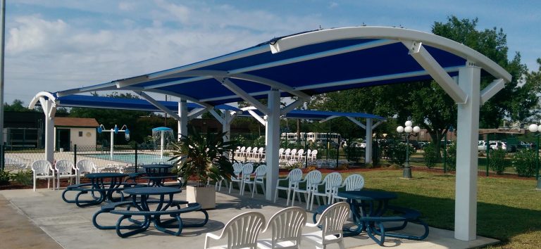 Arched Offset Cantilever Shade Structure example; pictured size and colors may vary