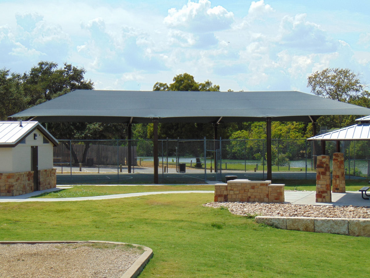 8 Post Extended Hip Shade Structure example; pictured size and colors may vary