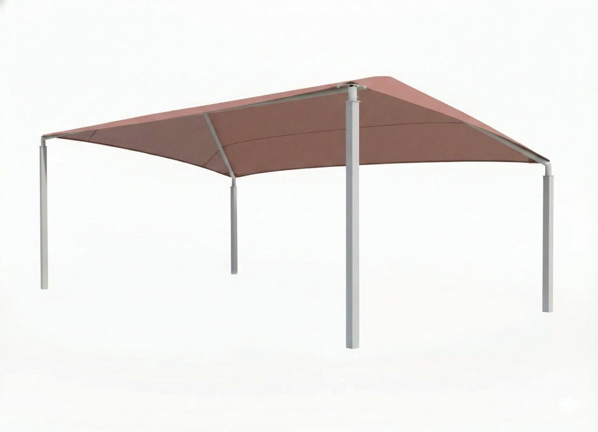 Slanted Hip Shade Structure with 4 Posts example; pictured size and colors may vary