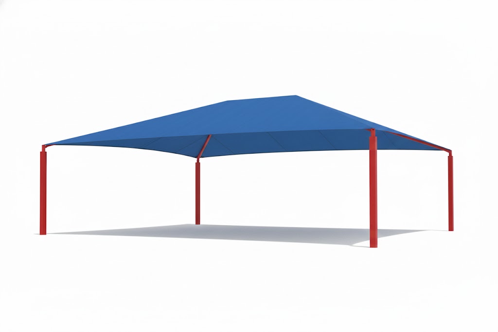 Hip Roof Shade Structure with 4 Posts and 14 Foot Entry example; pictured size and colors may vary