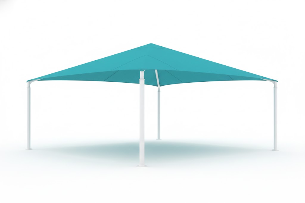 Hip Roof Shade Structure with 4 Posts and 8 Foot Entry example; pictured size and colors may vary