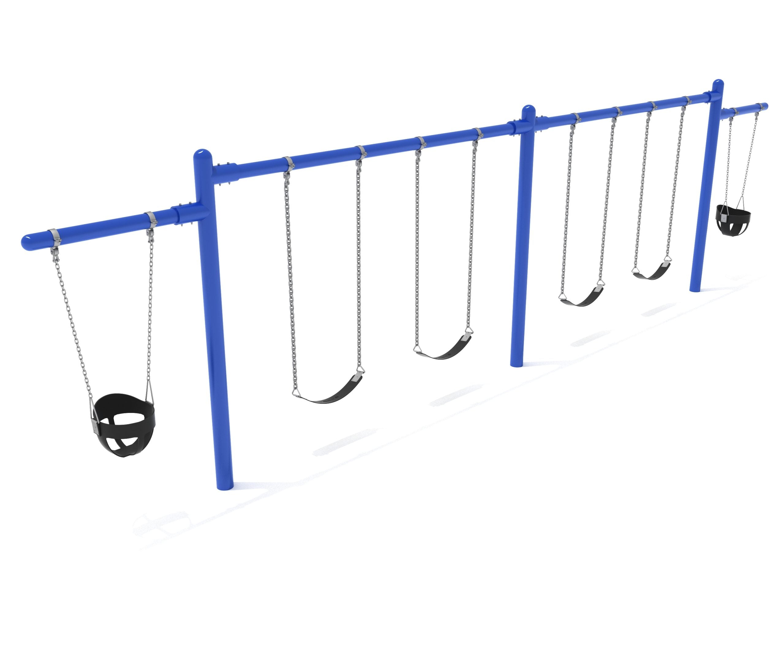 2 Bay- 2 Cantilever Single Post Swing - Frame with Hangers, 2 Bay Belt Seat Package, 1 Bay Bucket Package