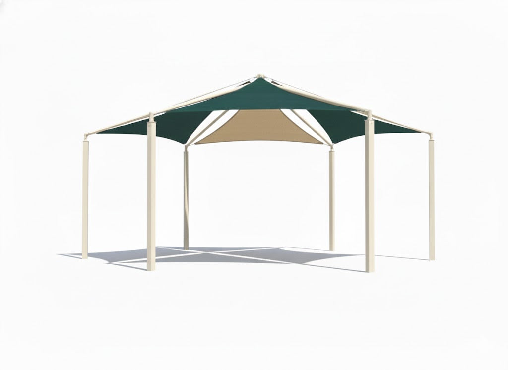 Hexagon Multi-panel Shade Structure example; pictured size and colors may vary