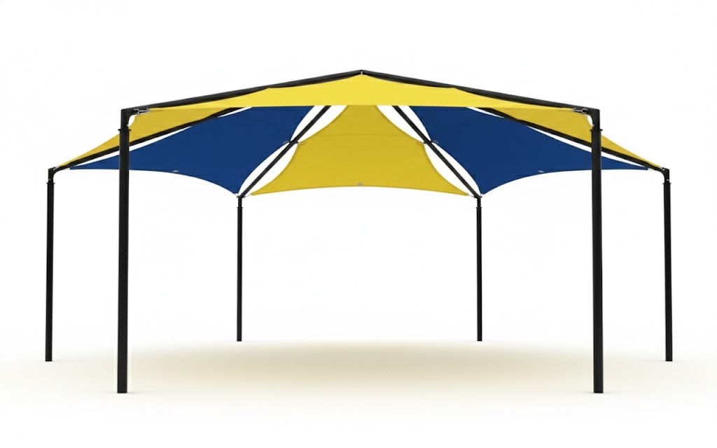 Hexagon Multi-panel Shade Structure example; pictured size and colors may vary