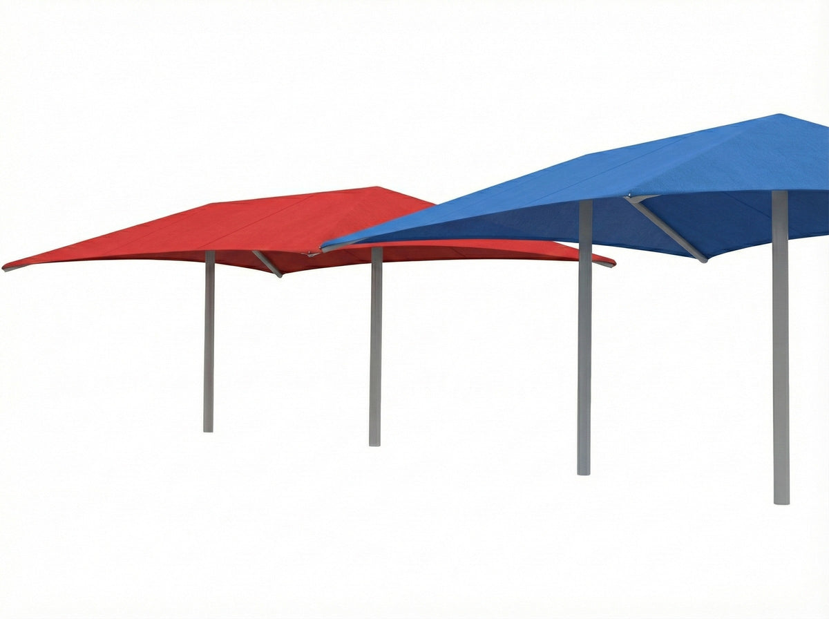 Hip Roof Shade Structure with 2 Posts example; pictured size and colors may vary