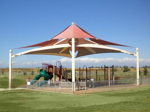 Superspan Multi-Level Multi-Panel Pyramid Shade Structure example; pictured size and colors may vary