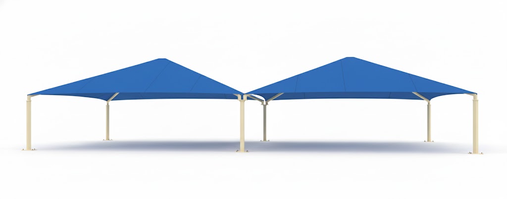 Hip Roof Shade Structure with 4 Posts and 9 Foot Entry example; pictured size and colors may vary