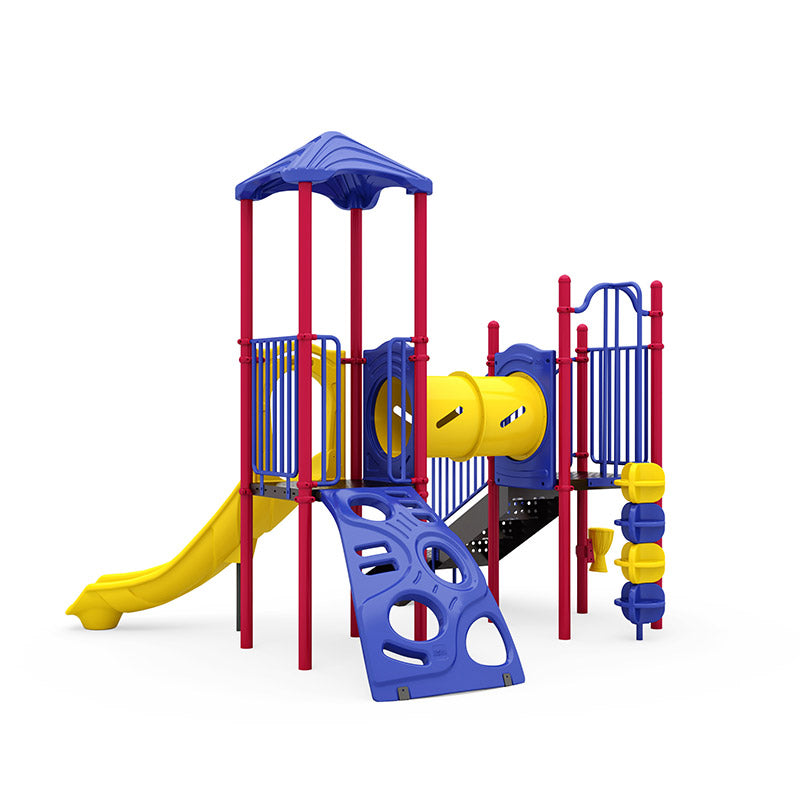 Bexley commercial playground equipment by World Klass Play – Primary Colors – Leaf Roof – view 9