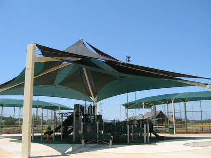 Superspan Multi-Level Multi-Panel Pyramid Shade Structure example; pictured size and colors may vary