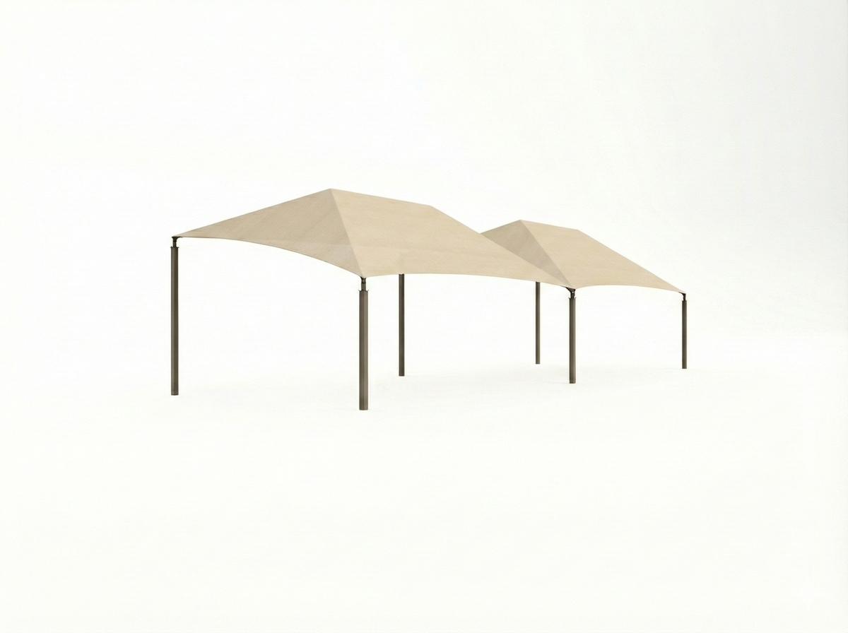 Slanted Hip Shade Structure with 4 Posts example; pictured size and colors may vary