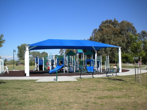 Hip Roof Shade Structure with 4 Posts and 8 Foot Entry example; pictured size and colors may vary