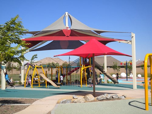 Superspan Multi-Level Multi-Panel Pyramid Shade Structure example; pictured size and colors may vary