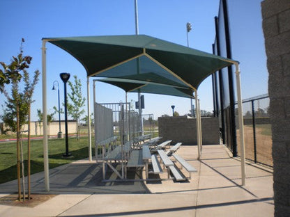 Slanted Hip Shade Structure with 4 Posts example; pictured size and colors may vary