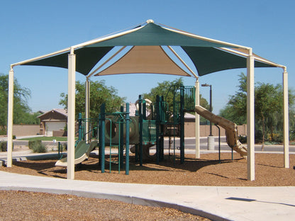 Hexagon Multi-panel Shade Structure example; pictured size and colors may vary
