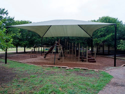 Hip Roof Shade Structure with 4 Posts and 14 Foot Entry example; pictured size and colors may vary