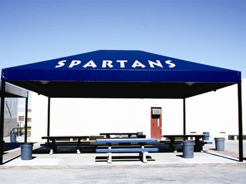 Hip Roof Shade Structure with 4 Posts and 14 Foot Entry example; pictured size and colors may vary