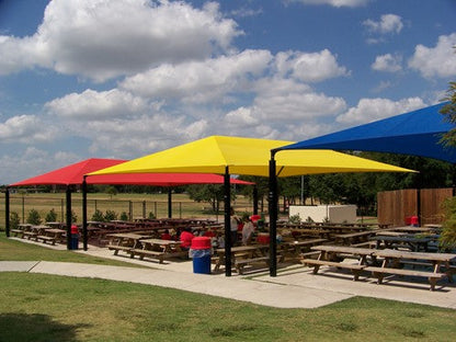 Hip Roof Shade Structure with 4 Posts and 8 Foot Entry example; pictured size and colors may vary