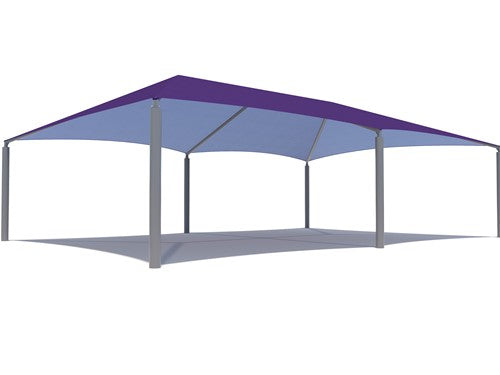 Extended Superspan Hip Roof Shade Structure with 6 Posts example; pictured size and colors may vary