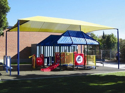 Hip Roof Shade Structure with 4 Posts and 12 Foot Entry example; pictured size and colors may vary