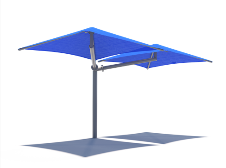 Single Post Pyramid Cantilever Double Wide Shade example; pictured size and colors may vary