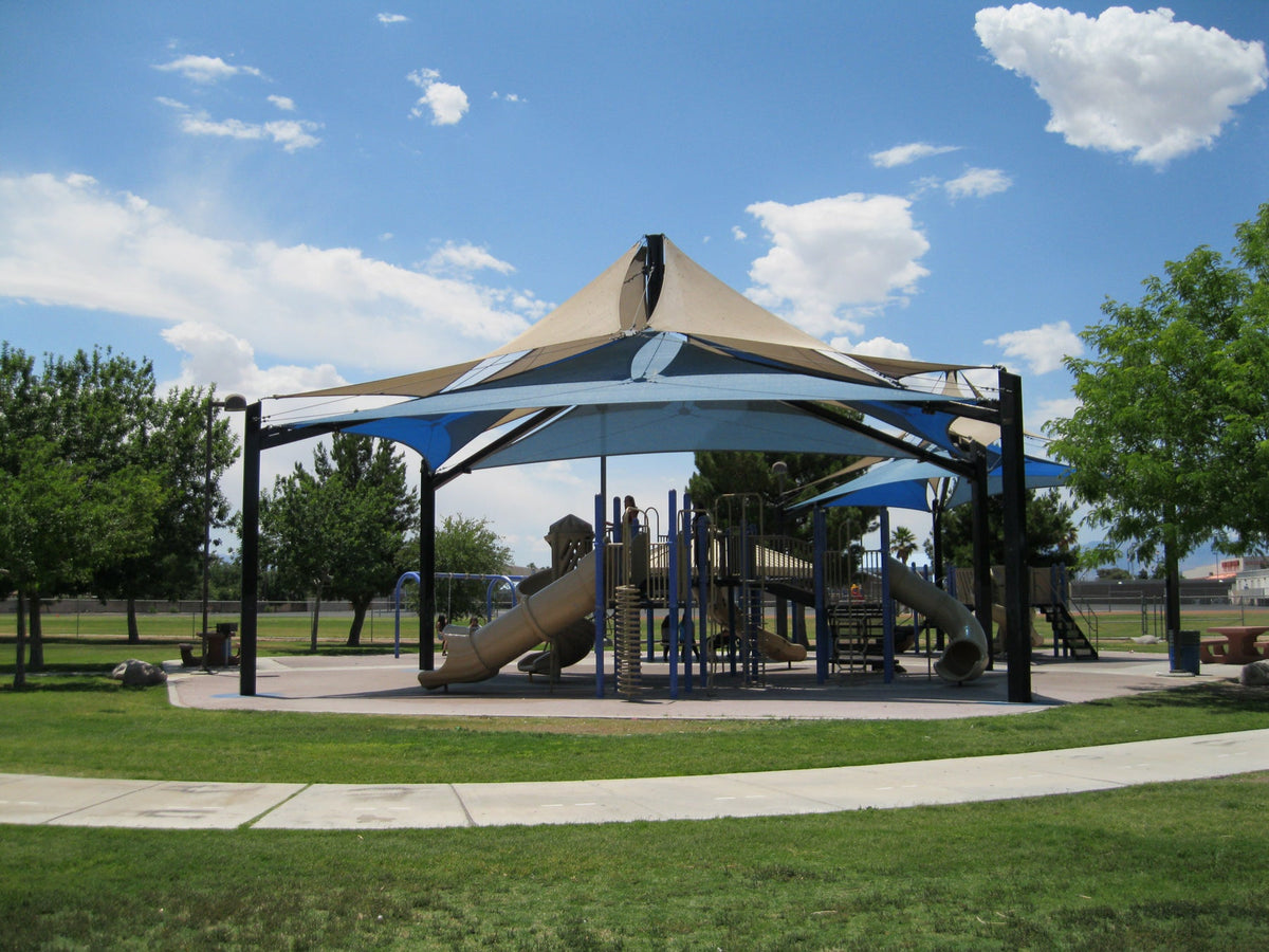 Superspan Multi-Level Multi-Panel Pyramid Shade Structure example; pictured size and colors may vary