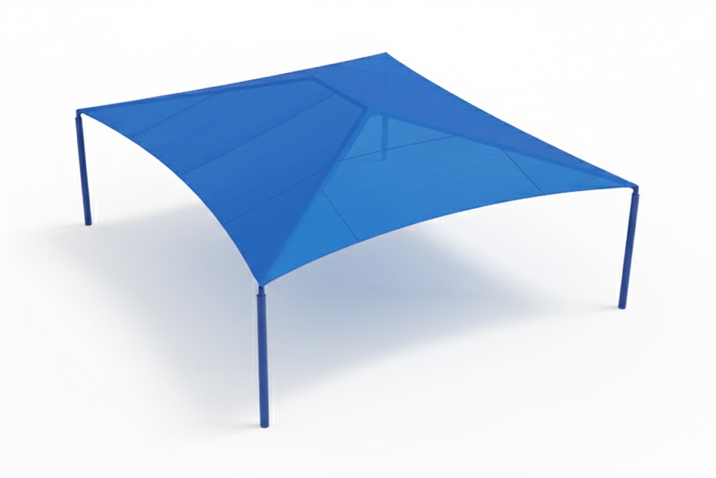 Hip Roof Shade Structure with 4 Posts and 11 Foot Entry example; pictured size and colors may vary