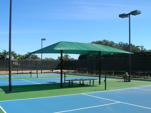Hip Roof Shade Structure with 2 Posts example; pictured size and colors may vary