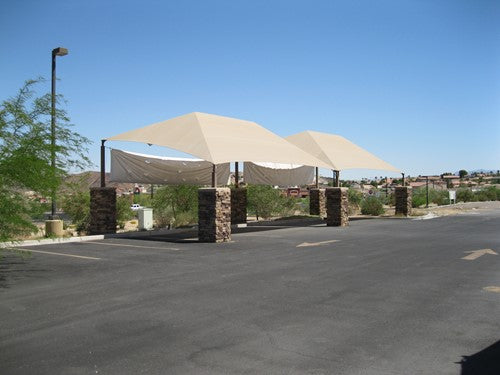 Slanted Hip Shade Structure with 4 Posts example; pictured size and colors may vary