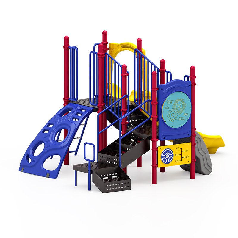 Pat's Place commercial playground equipment by World Klass Play – Primary Colors – No Roof – view 5