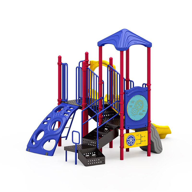 Pat's Place commercial playground equipment by World Klass Play – Primary Colors – Leaf Roof – view 9