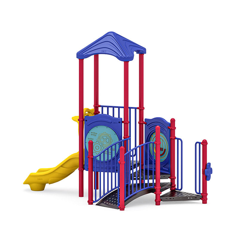 Pebble Chase commercial playground equipment by World Klass Play – Primary Colors – Leaf Roof – view 9