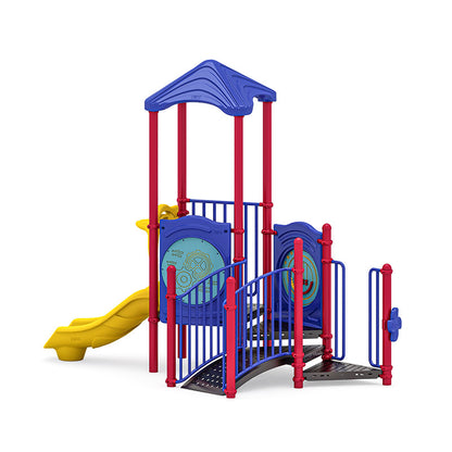 Pebble Chase commercial playground equipment by World Klass Play – Primary Colors – Leaf Roof – view 9
