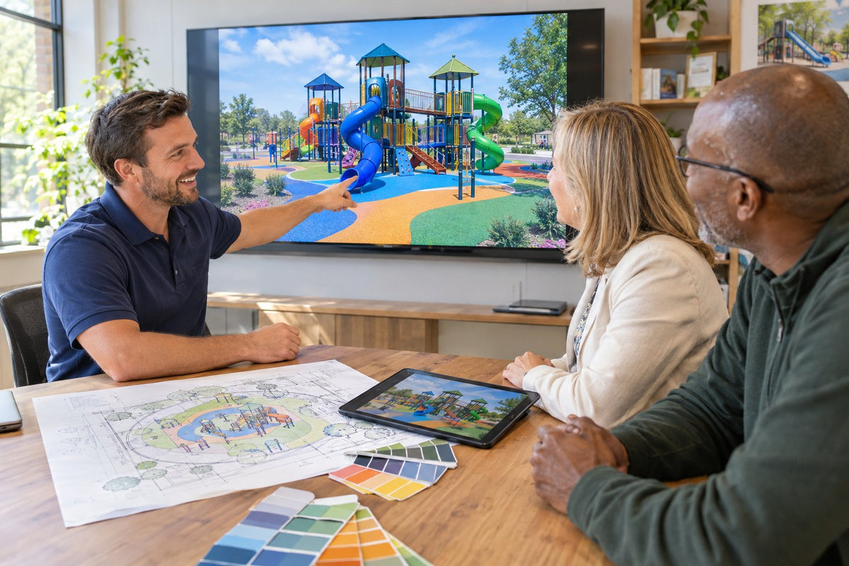 Playground Equipment Pros designer reviewing a 3D playground rendering with clients