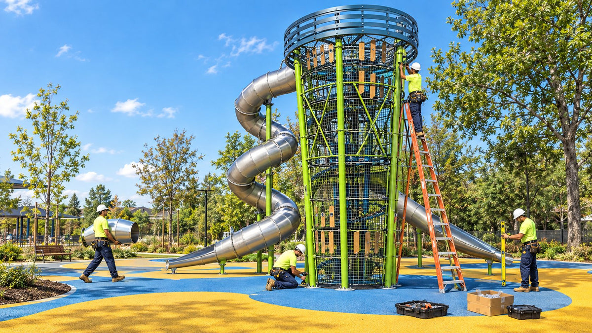 Playground Equipment Pros installation crew assembling high-end commercial playground equipment
