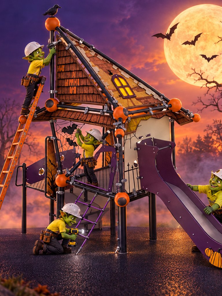 Goblin crew installing a Halloween witch house playground