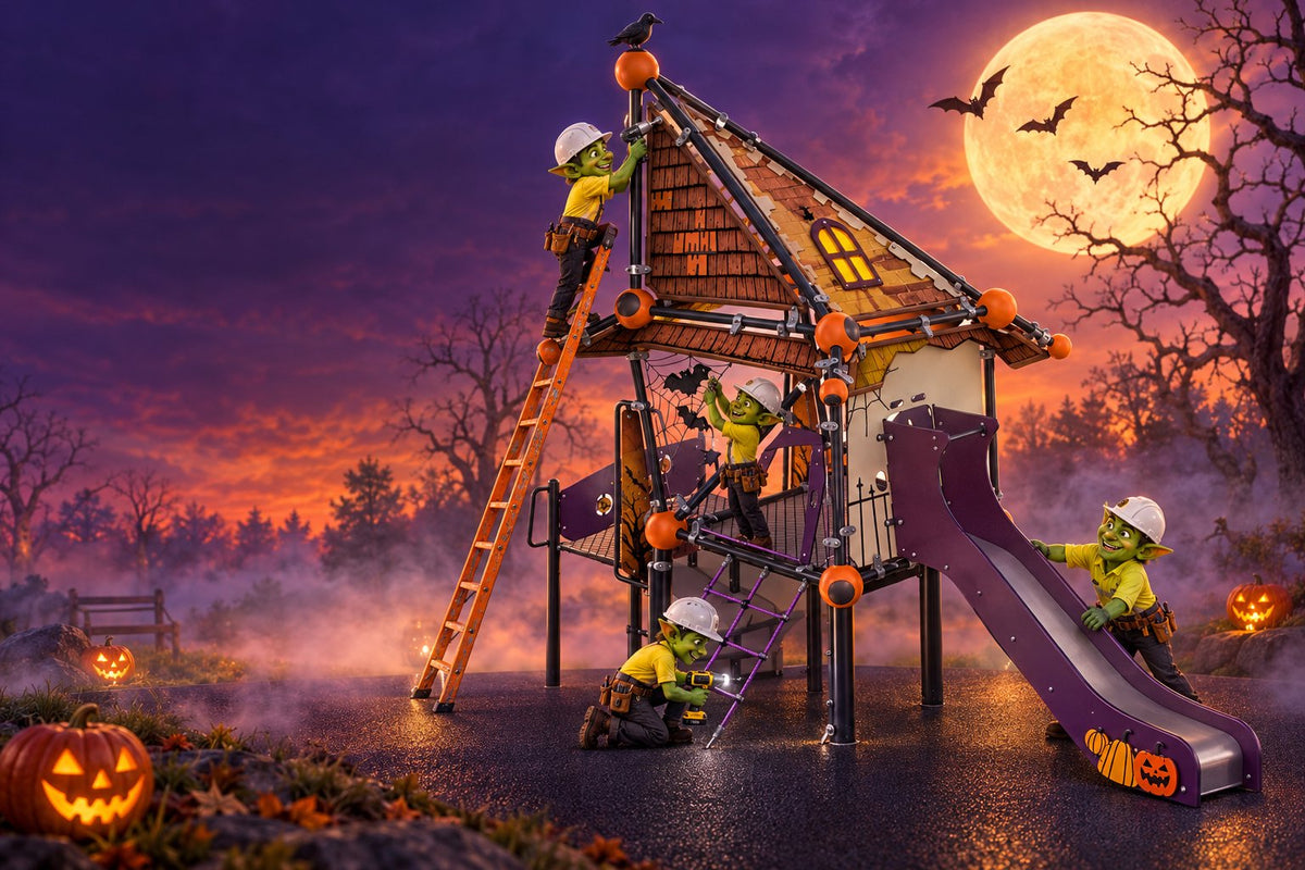 Goblin crew installing a Halloween witch house playground
