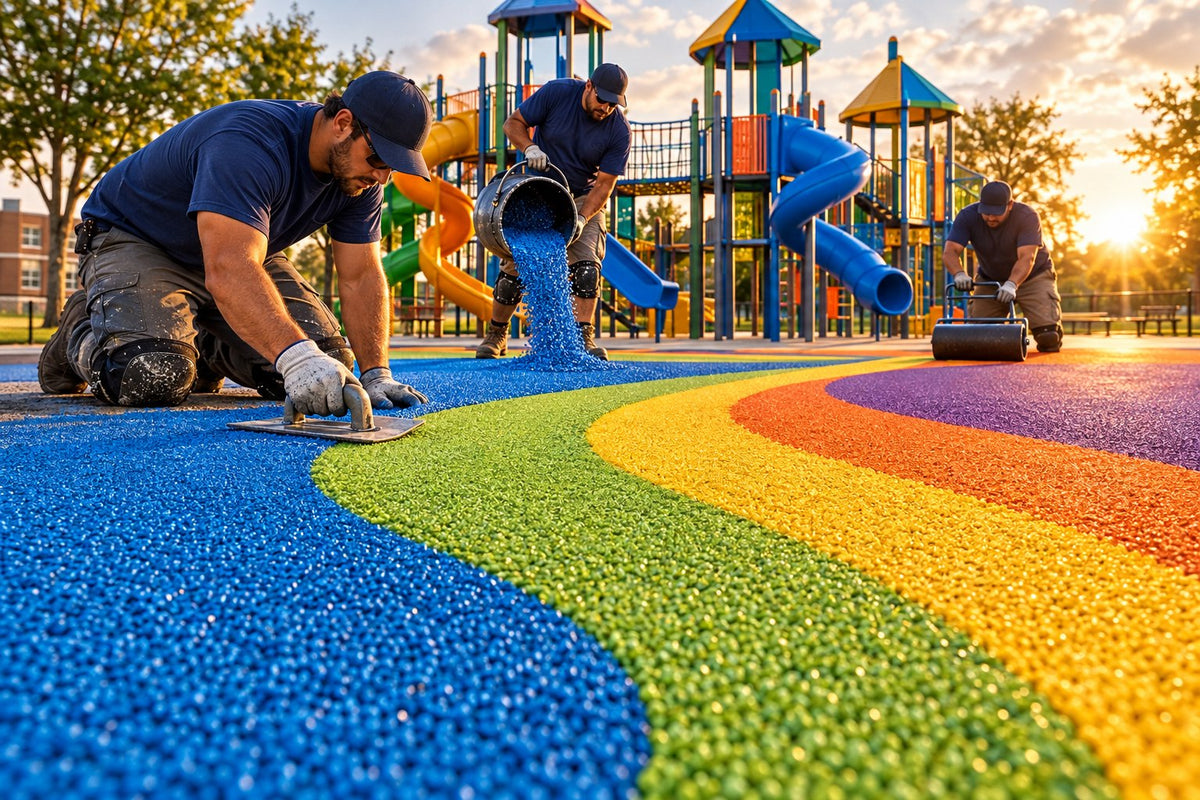Playground Equipment Pros crew installing colorful poured-in-place rubber surfacing