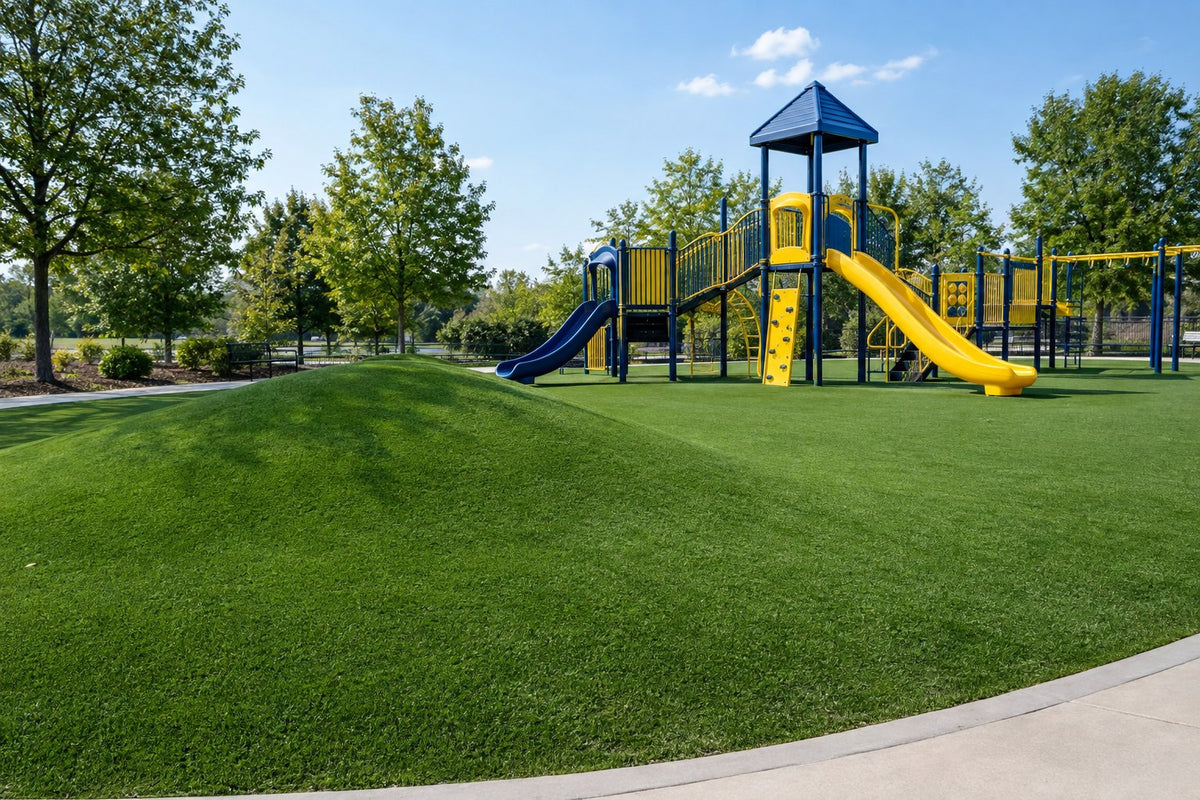Commercial playground installed on synthetic playground turf