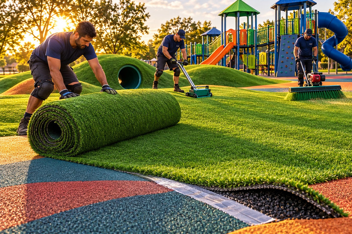 Playground Equipment Pros crew installing playground turf hills and tunnel