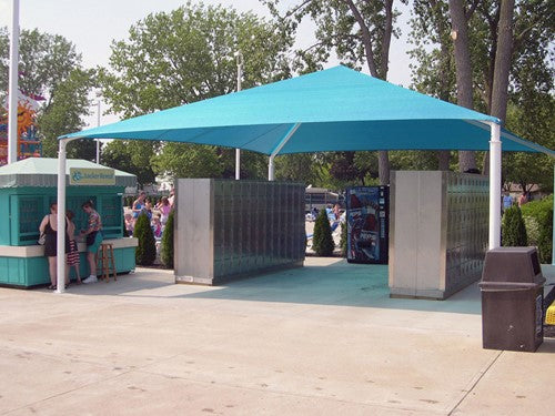 Hip Roof Shade Structure with 4 Posts and 8 Foot Entry example; pictured size and colors may vary